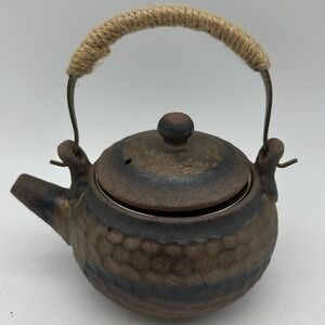 Vintage Yixing Teapot Bronze Hammered Texture Design 5" Rope Handle Signed